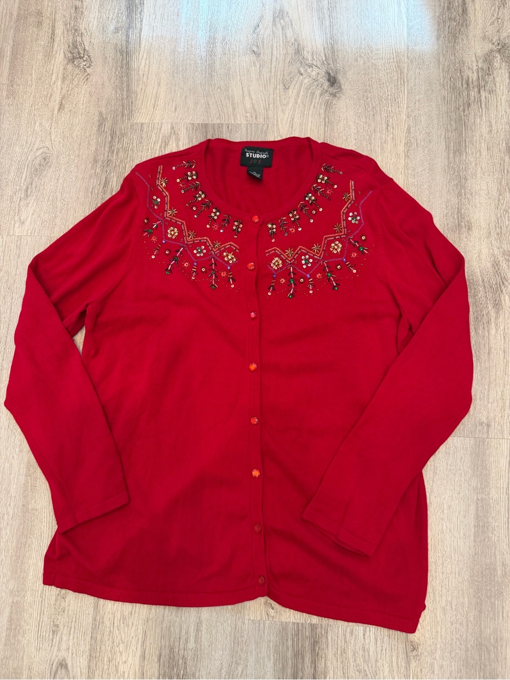 Vintage Studio Joy Red Beaded Embroidered Cardigan Sweater XL Christmas Holiday